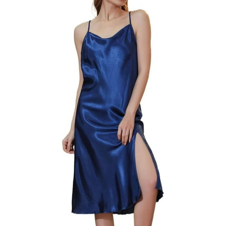 NANAHuang Women s Satin Nightgown Midi Chemise Square Neck Sleeveless Side Slit Open Back Sleepwear Lingerie