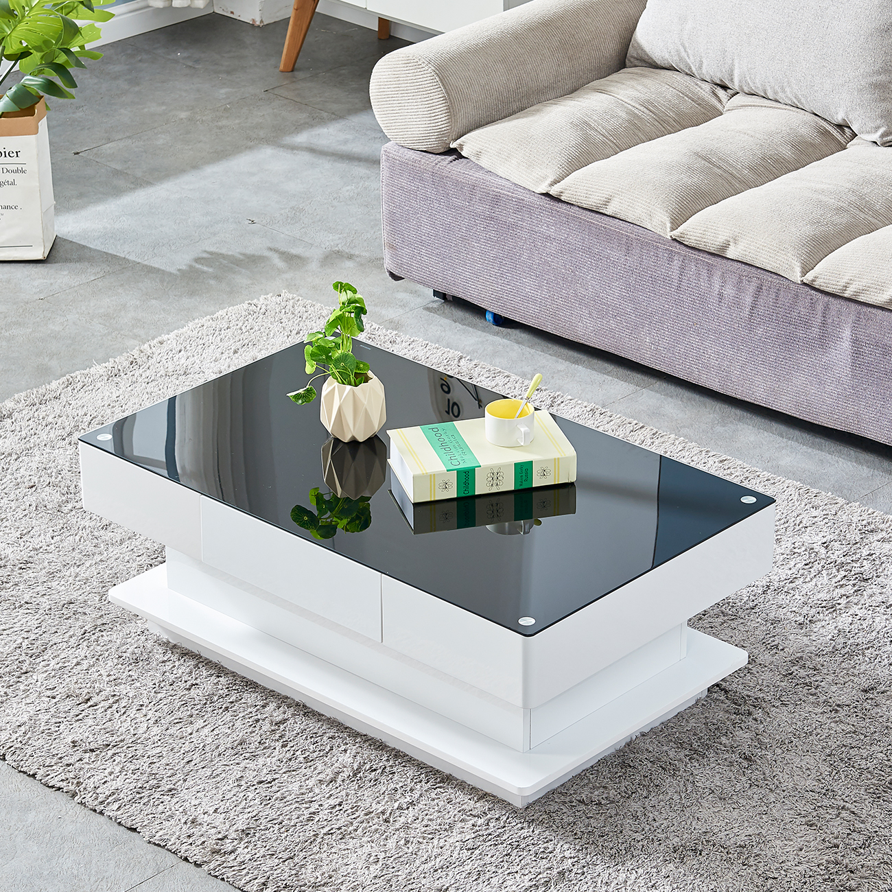 Rectangular High Gloss Coffee Table Opaque Glass Top Rectangle with 2
