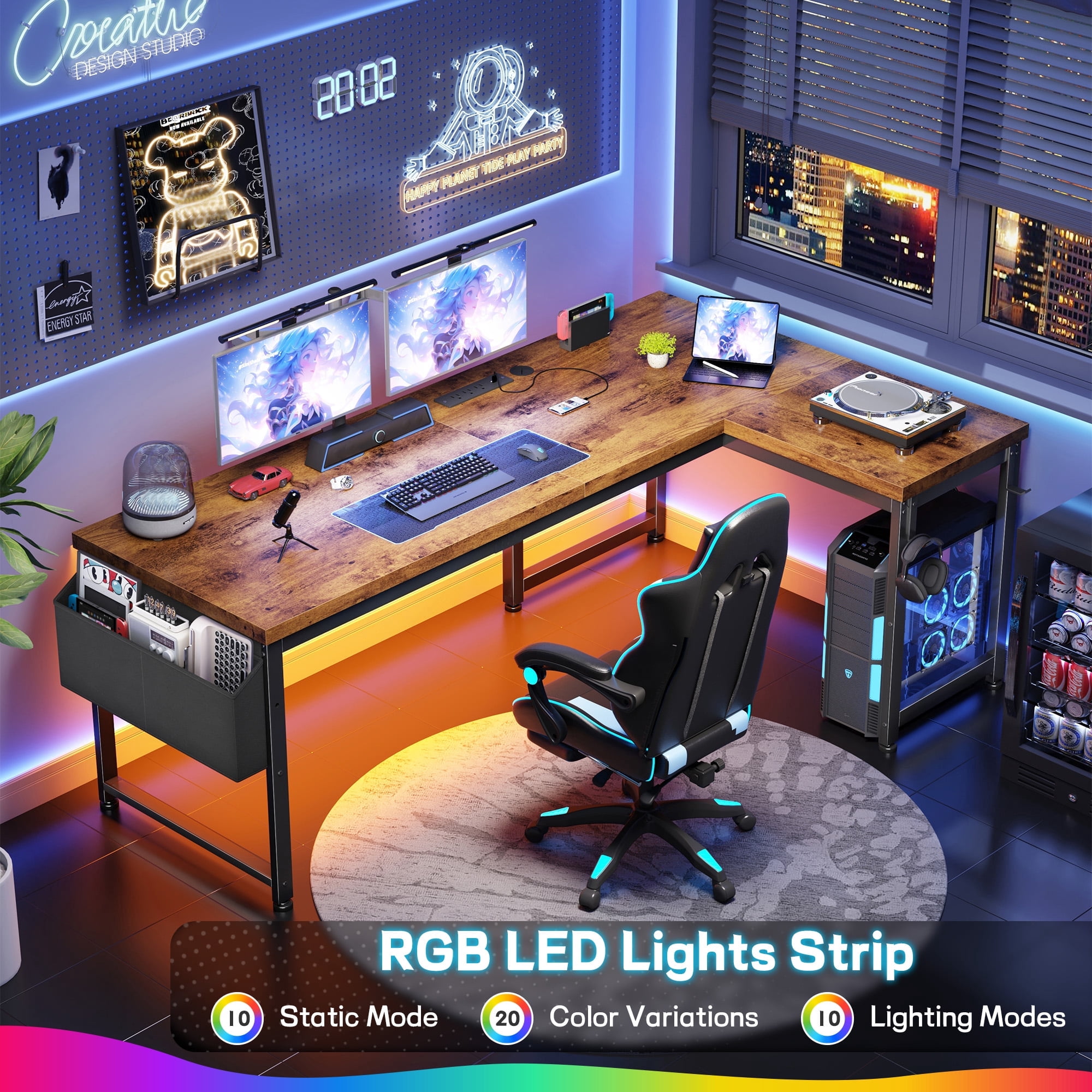 EnHomee Office Desk with Storage L-Shaped Desk with Outlets Gaming Desk with LED Lights for Bedroom,Rustic Brown