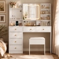 thumbnail image 3 of Ktaxon Large 47.2" Makeup Vanity with 3 Color Lights, Vanity Desk with USB Charging Station, Vanity Makeup Table with Visible Drawers, Hidden and Open Storage Shelves, White, 3 of 11