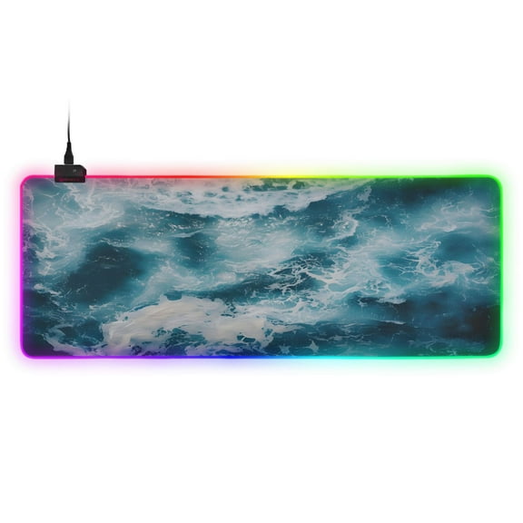 Large RGB Gaming Mouse Pad Led Glowing Mousepad Non-Slip Rubber Base 13 Light Modes 31.5x11.8 Ocean and Wave