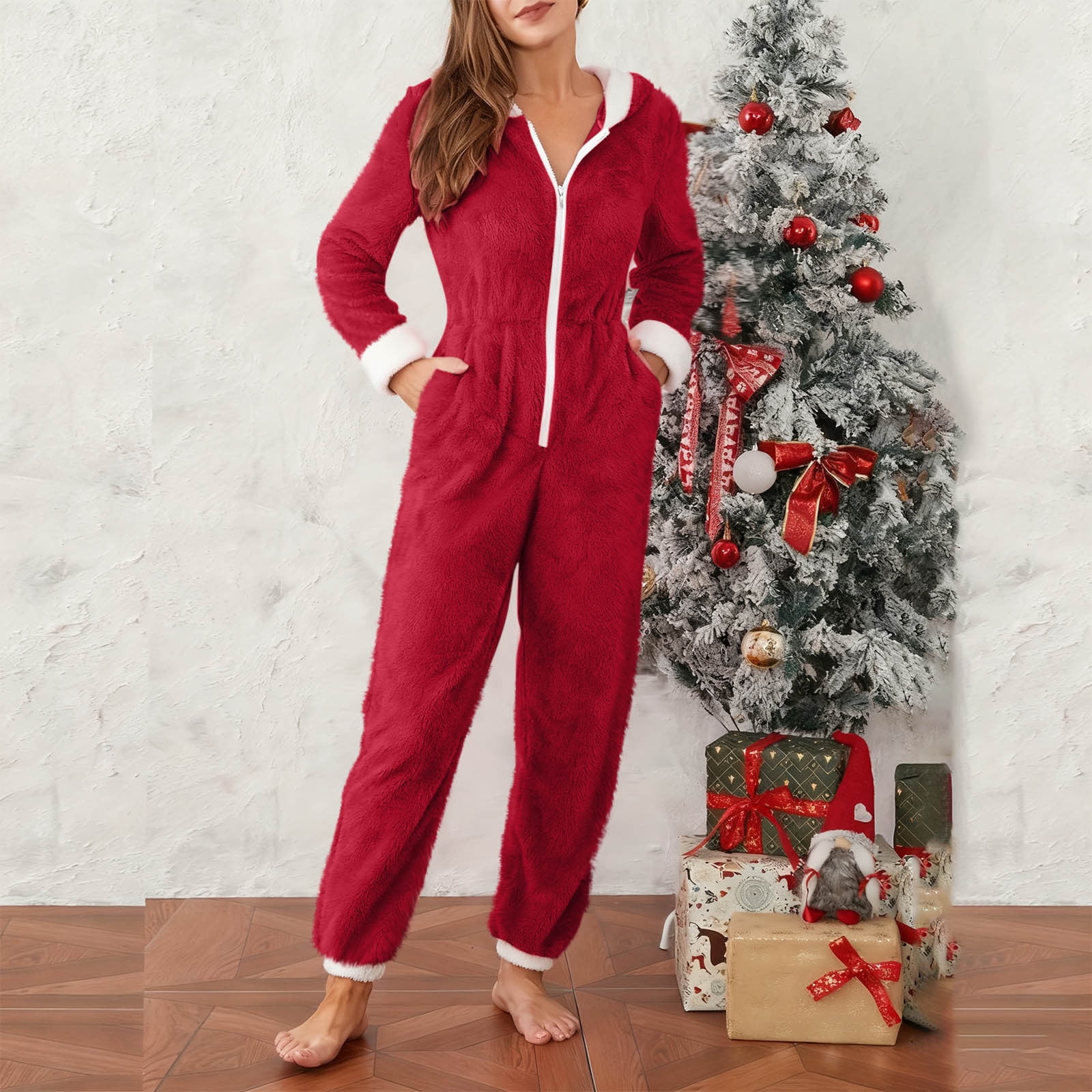 yoeyez Christmas Onesie Womens Slim Santa Hooded Pajamas Outfit Adult One-piece Pajamas Fleece Front Zipper Rompers