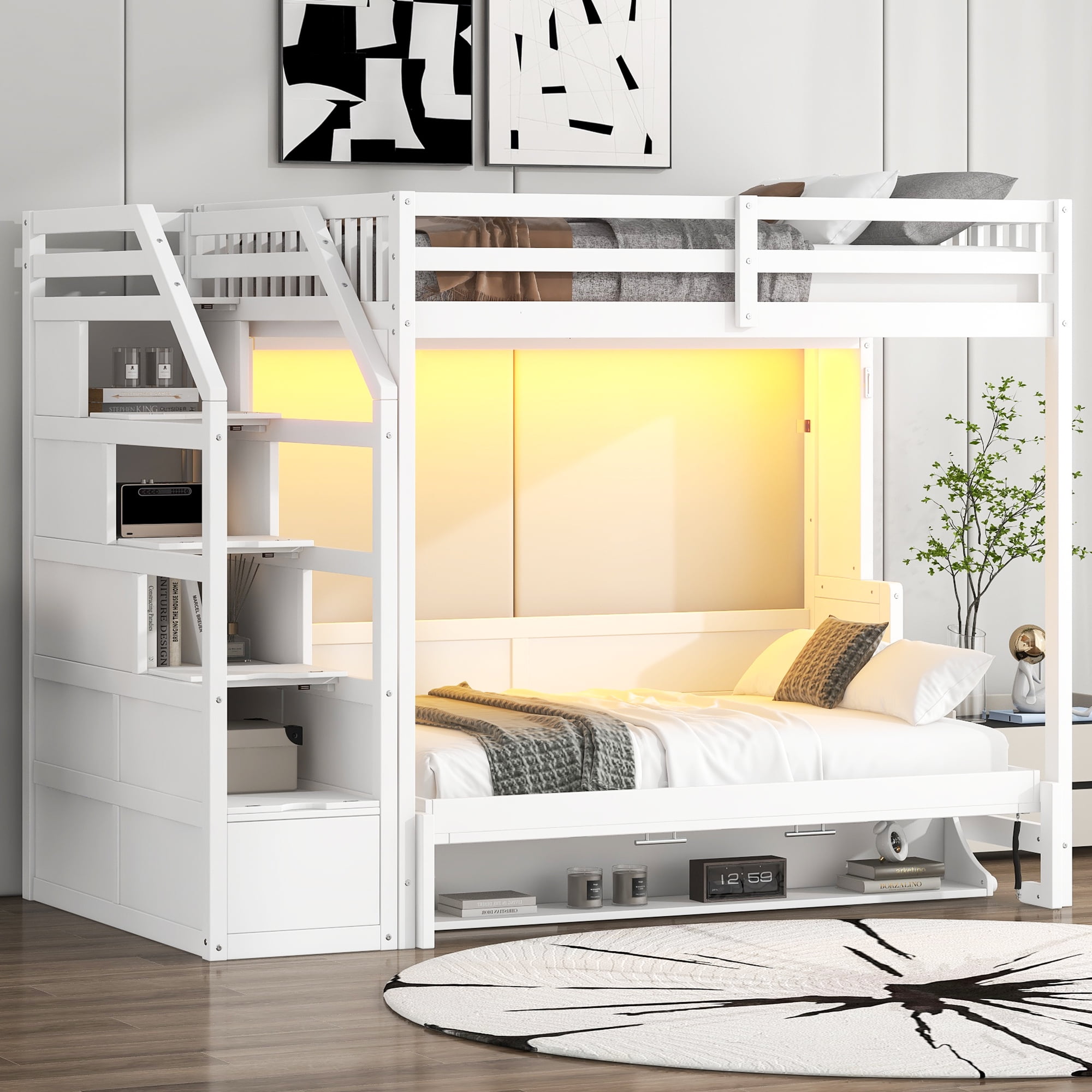 Euroco Wood Full XL Loft Bed with Storage Staircase, Full Murphy Bed with Desk and LED Light, Convertible Bunk Bed, White