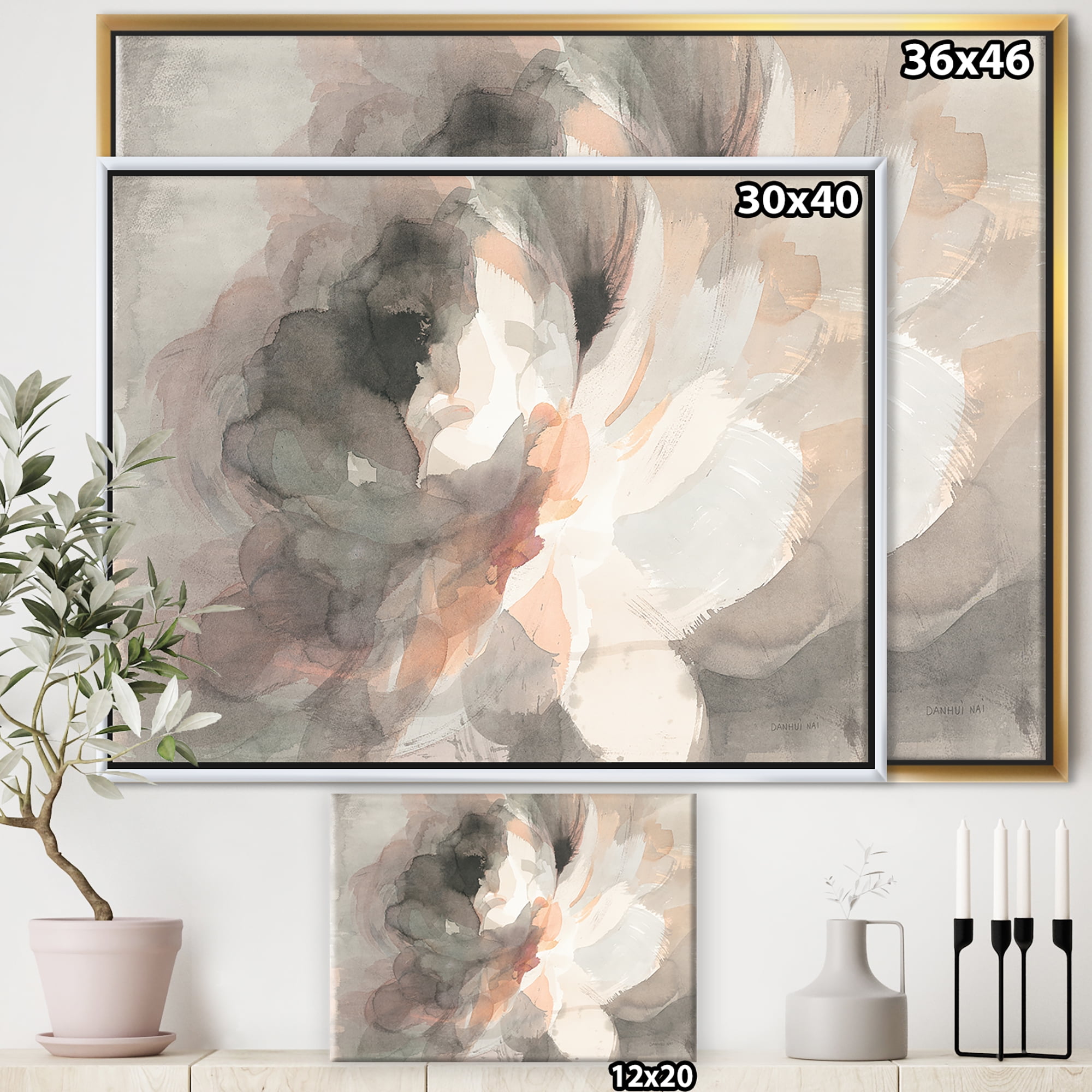 Designart ' Abstract Peony Grey ' Pink Modern Framed Canvas