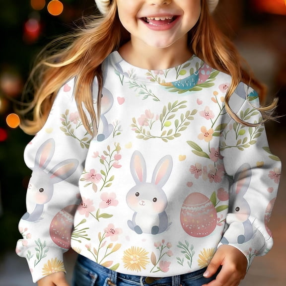 ITSAME Easter Sweatshirt for Girls, Long Sleeve Round Neck Cute Bunny Print Holiday Casual Fashion Pullover Multicolor 2-3T