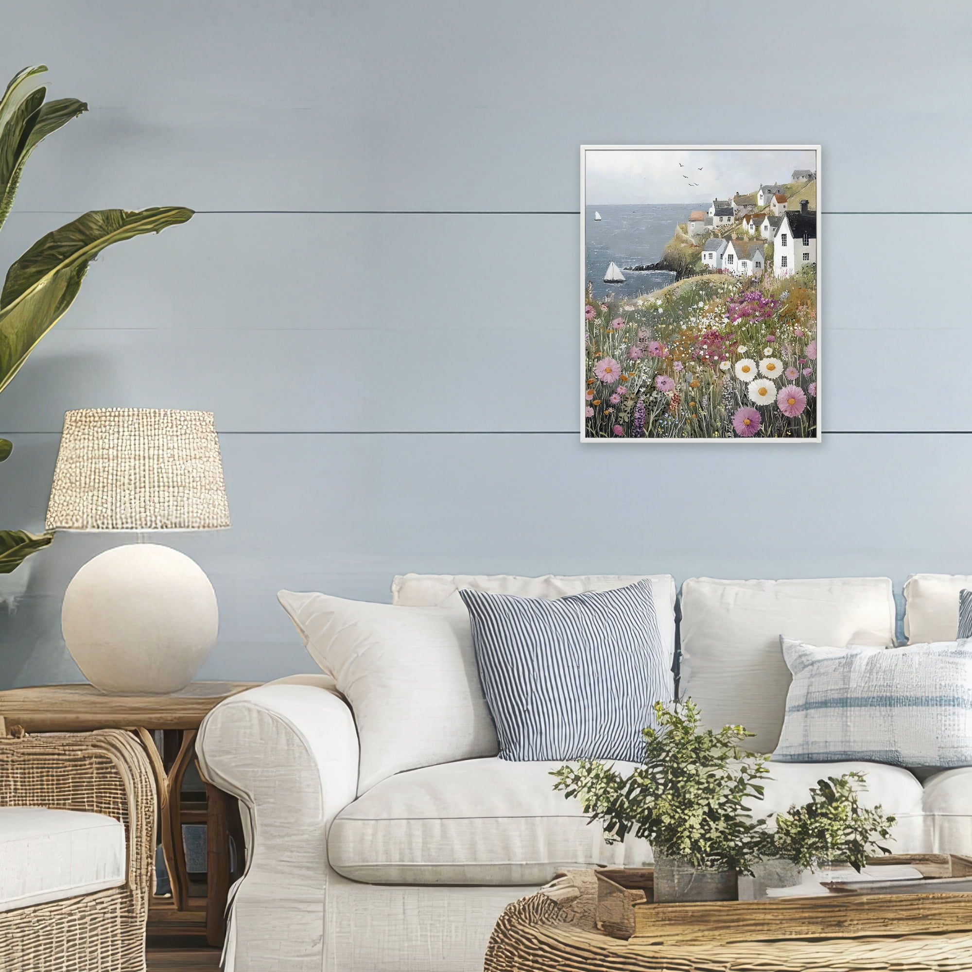 Stupell Industries Pink Meadow Overlooking Sailboats White Framed Giclee Art, design by Riley B