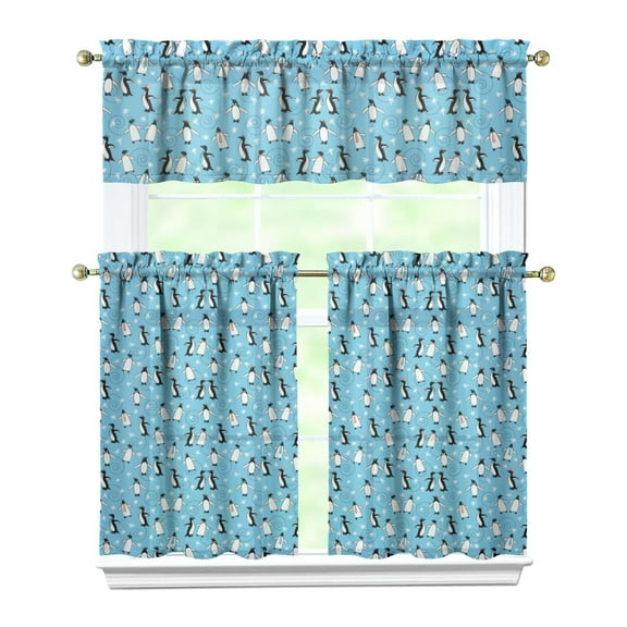 Cute Penguin Pattern Kitchen Curtains 3 Piece Set - Winter Animal Snowflake Print Tier & Valance Window Treatment, Semi-Sheer Farmhouse Caf Curtains with Rod Pocket (White, 54x18"   2x27.5x36")