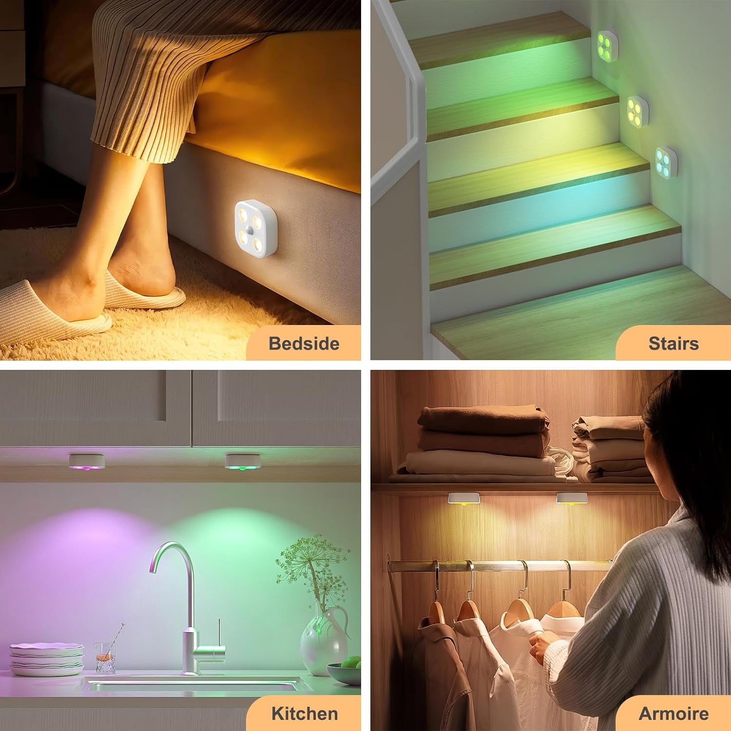 Wireless LED Puck Lights, Motion Sensor Lights Indoor, Rechargeable Stair Lights with Remote Control, 3 RGB Cabinet Lights Change Modes, Suitable for Stairs, under Closet, Bedroom, Kitchen,White