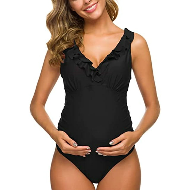 Maillots de Maternité une Pièce à Volants, Maillot de Bain à Volants, Monokini Falbala, Décolleté en V Profond, Noir (3TG