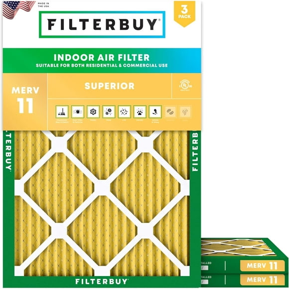 Filterbuy 16x20x1 MERV 11 (MPR 1200) Allergen Defense, Pleated HVAC AC Furnace Air Filters (3-Pack)