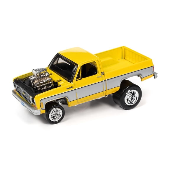 1973 Chevy Cheyenne 10 Pickup Truck, Yellow Metallic with Silver - Johnny Lightning JLSP141/24B - 1/64 scale Diecast Model Toy Car