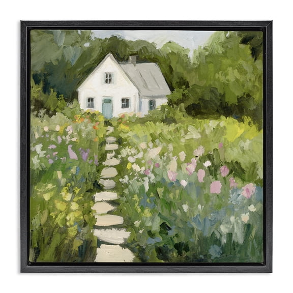 Stupell Industries Traditional Abstract Cottage on Hill Black Floating Frame Canvas Art, 18 x 18, by Victoria Barnes