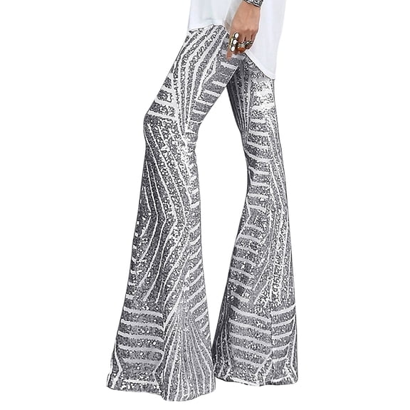 Women's Glitter Sequins Wide Leg Palazzo Pants High Waist Bells Bottoms Party Flared Trousers Night Out Clubwear