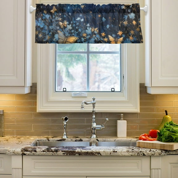 Butterflies Flowers Clouds Curtain Valances Farmhouse Design Window Treatment Decor Blackout Rod Pocket for Windows Living Room Kitchen 54" x 18"
