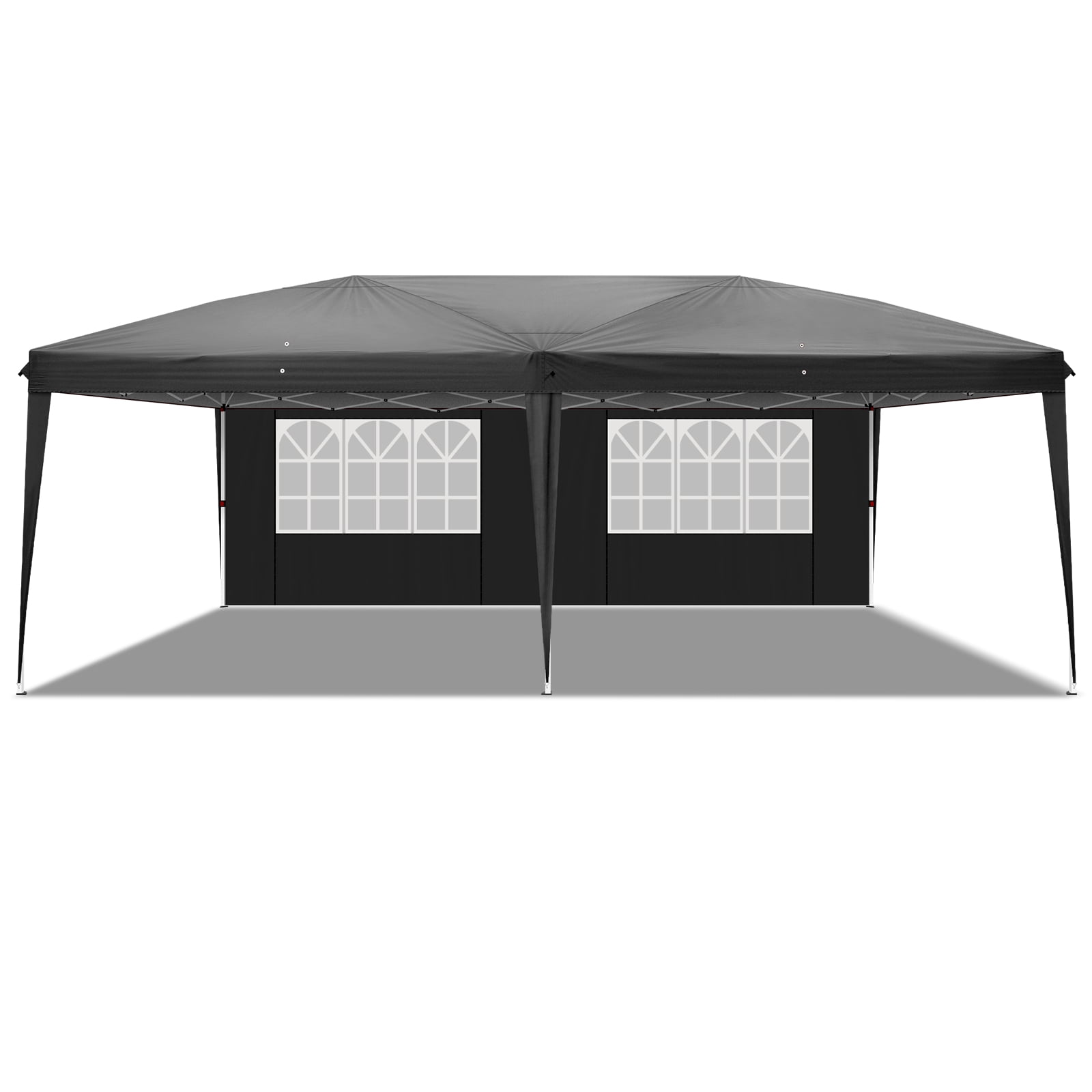 10x20ft Instant Pop Up Canopy Tent Black, 6 Mesh Panels 2 Doors 4 Mesh Windows, 28/22mm Powder Coated Steel Frame, 10x20mm Crossbar, 210D Oxford Folding Outdoor Tent with Carry Bag No Sandbags