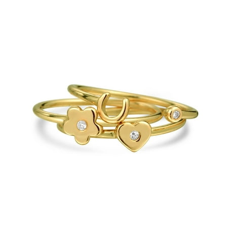 3 Set Minimalist CZ 14K Gold Plated Sterling Silver Midi Knuckle Stackable Flower Heart Horseshoe Ring 1MM Band For Teen