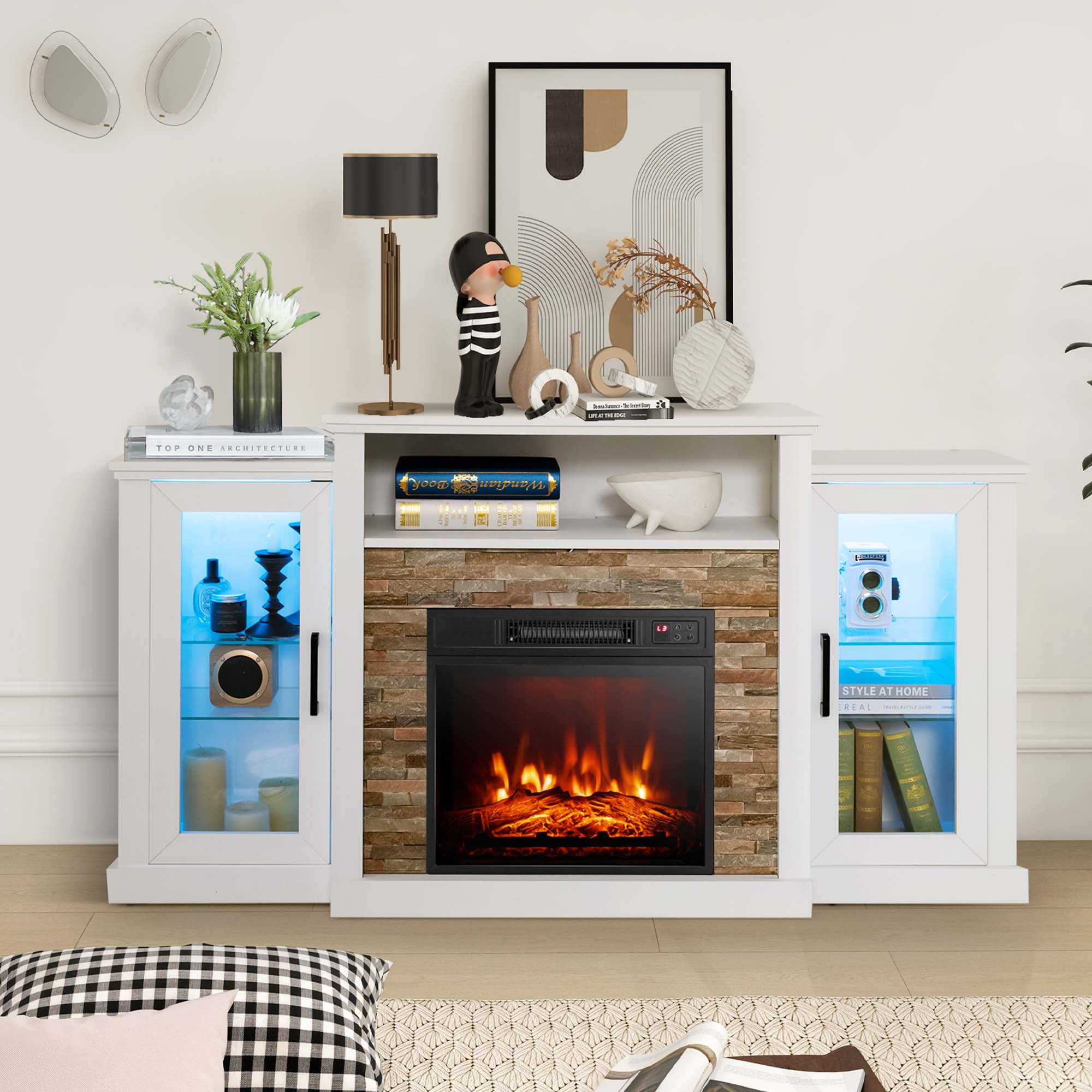 Costway Fireplace TV Stand with Led Lights & 18'' Electric Fireplace For 65" Wall-Mounted TV White