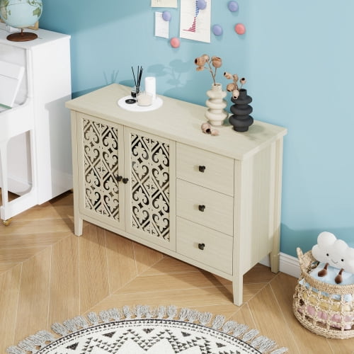 BSHTI Hollowed-out Cabinet with 2 Door 3 Drawers, American Furniture, Suitable for Bedroom, Living Room, Study