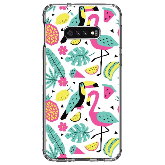 DistinctInk Clear Shockproof Hybrid Case for Samsung Galaxy S10e (5.8" Screen) - TPU Bumper, Acrylic Back, Tempered Glass Screen Protector - Summer Graphics - Flamingo Toucan Pineapple