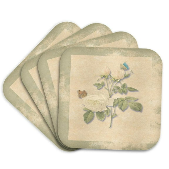3dRose, Victorian White Roses, Butterflies on Antique Look Background, Light pastel, set of 4 Coasters - Soft