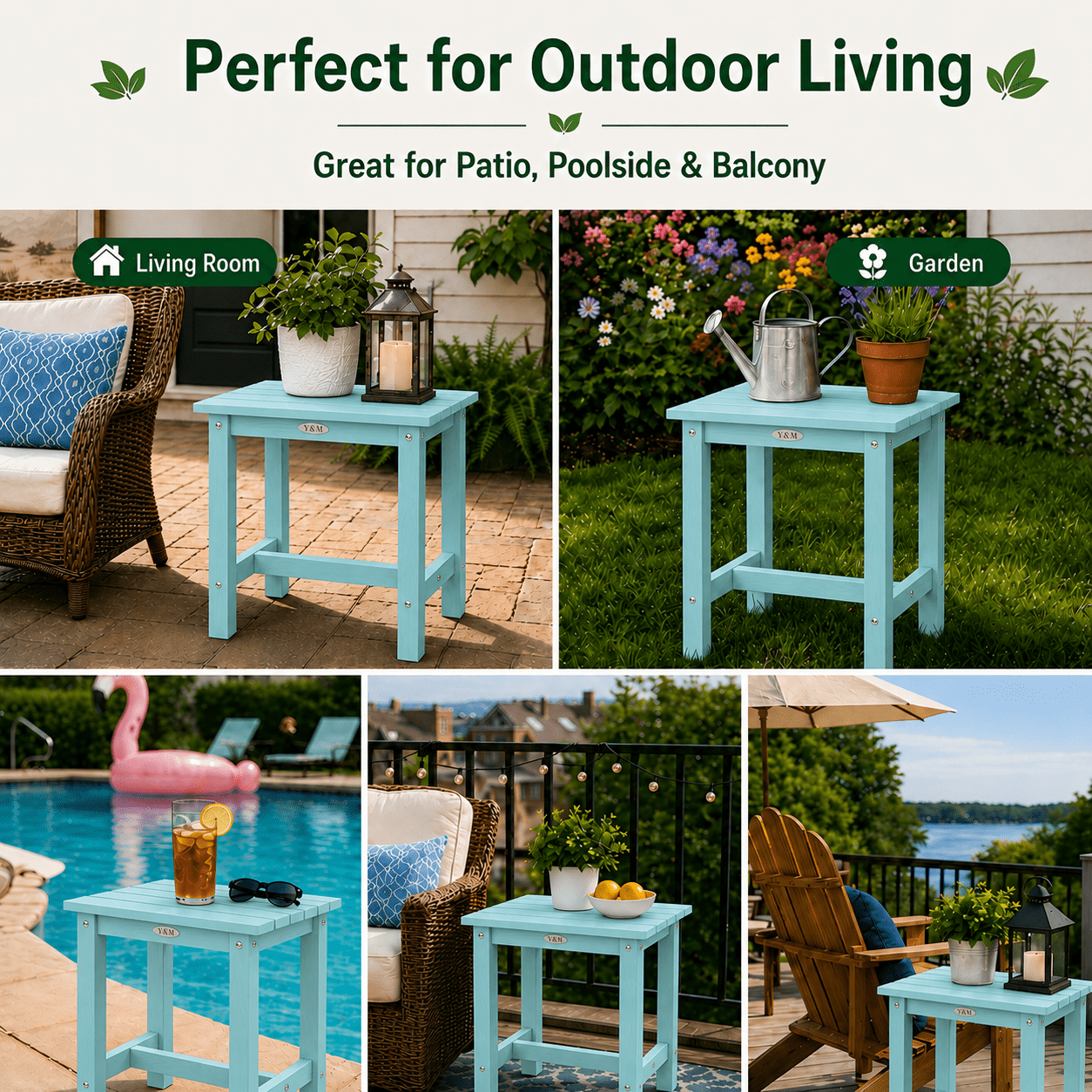 Y&M Outdoor Side Table, HIPS Adirondack Small Single Table, Waterproof Square Outside Table, Balcony Modern End Tables for Patio, Pool, Beach, Porch, Deck, Indoor or Outdoor Use, Light Blue