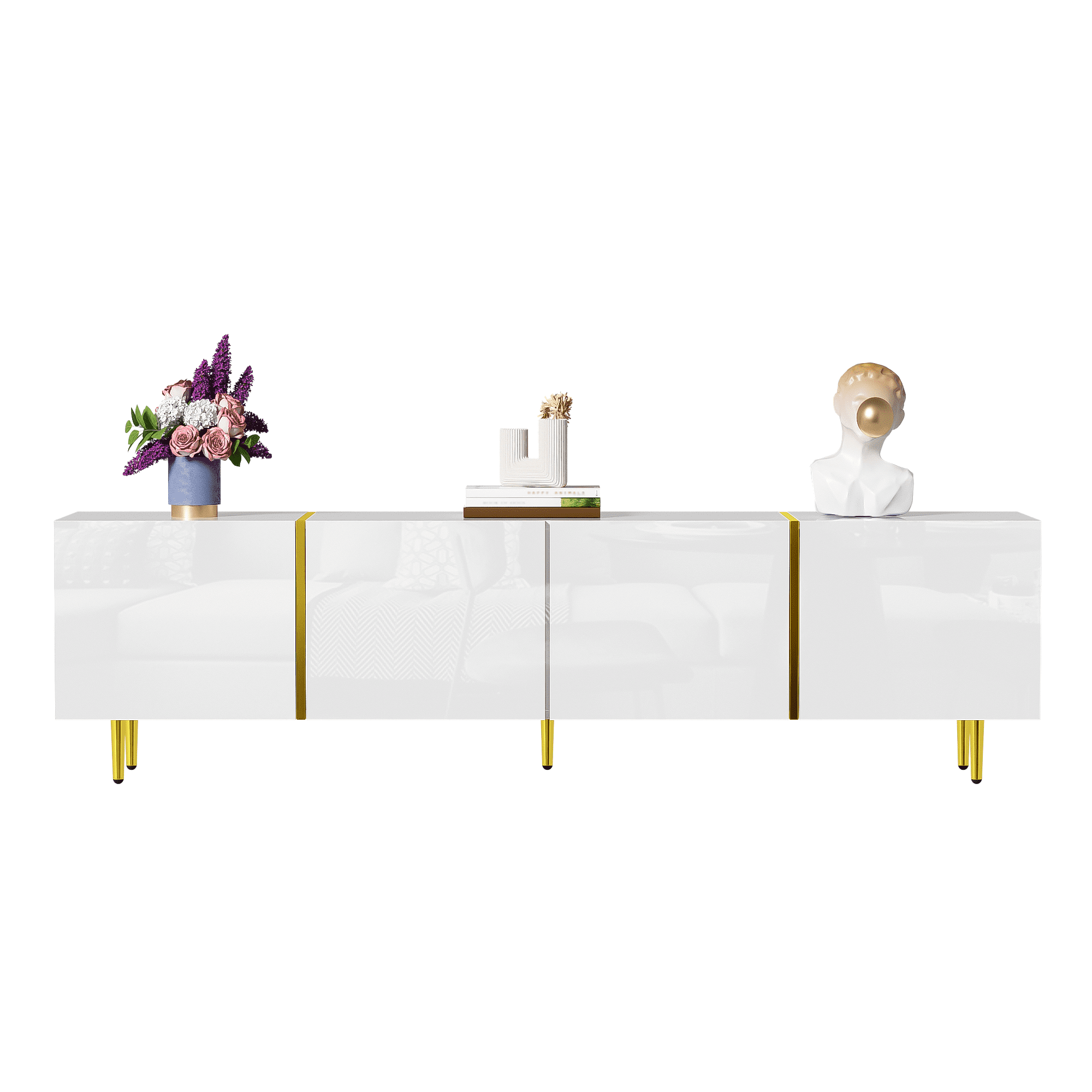 LHYY White High-Gloss TV Stand with 4 Doors,Modern and Minimalist,in Black-Gold Color Combination