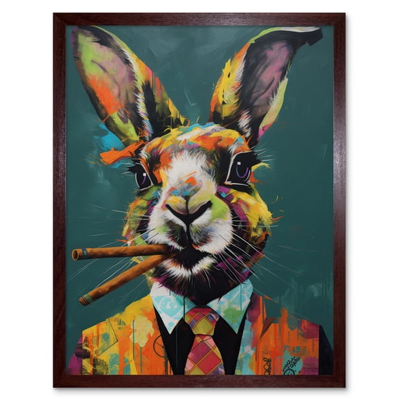 Rabbit with Cheroot Cigars Wearing Suit Modern Art Print Framed Poster Wall Decor 12x16 inch