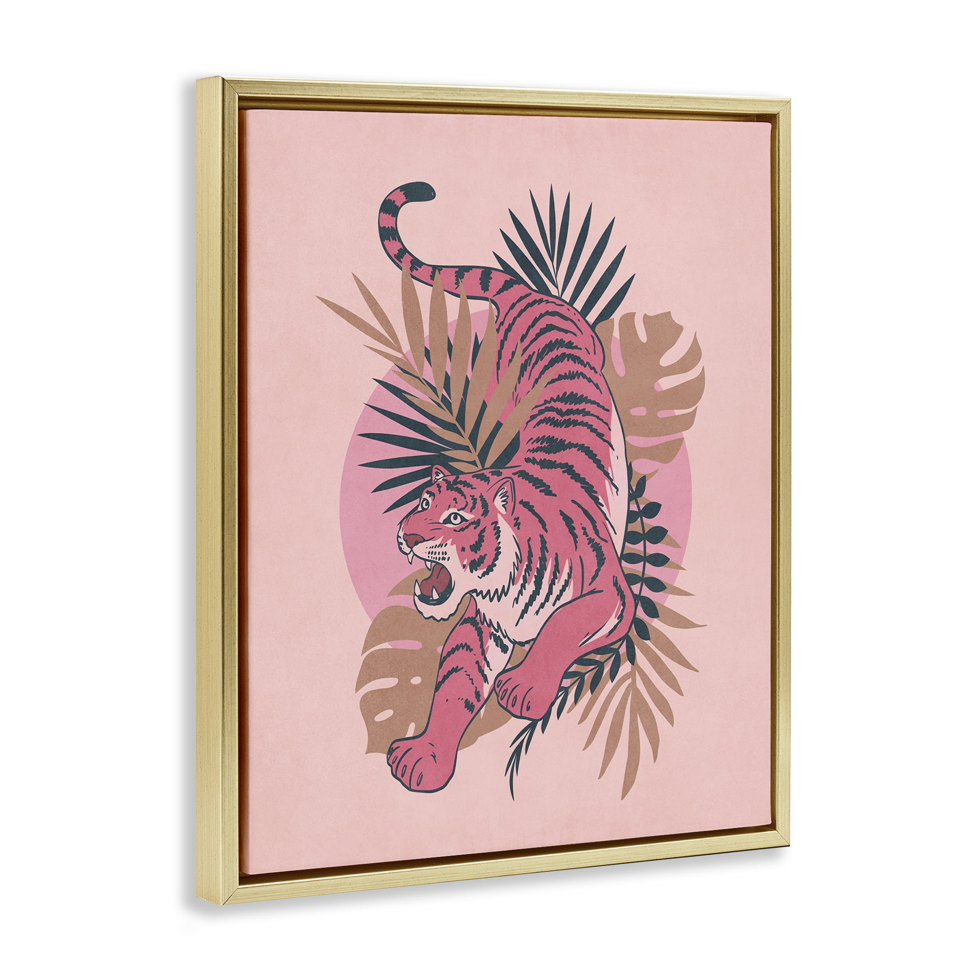 Stupell Industries Muted Retro Tiger Animals Painting Gold Floater Framed Canvas Art Print Wall Art, 17 x 21