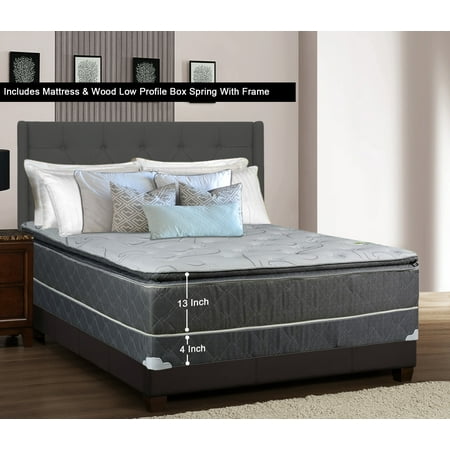 Low Profile Set - WAYTON, 13-inch Fully Assembled Medium Plush Pillow Top Innerspring Mattress and Low Profile Wood Box Spring/foundation Set with Frame / 74x48 / Grey And White Color