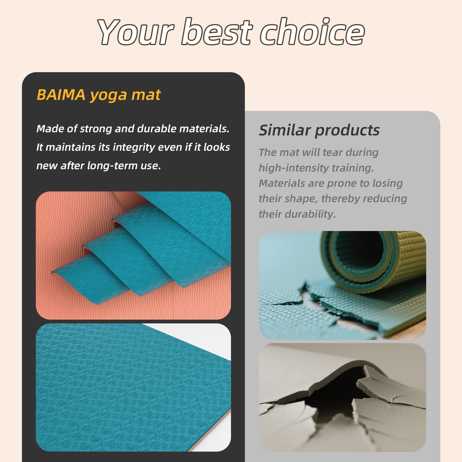 BAIMA TPE Yoga Mat - Tear-Resistant, Lightweight, Non-Slip Double-Sided Exercise Mat with Carry Strap(Lakeblue+Orange)