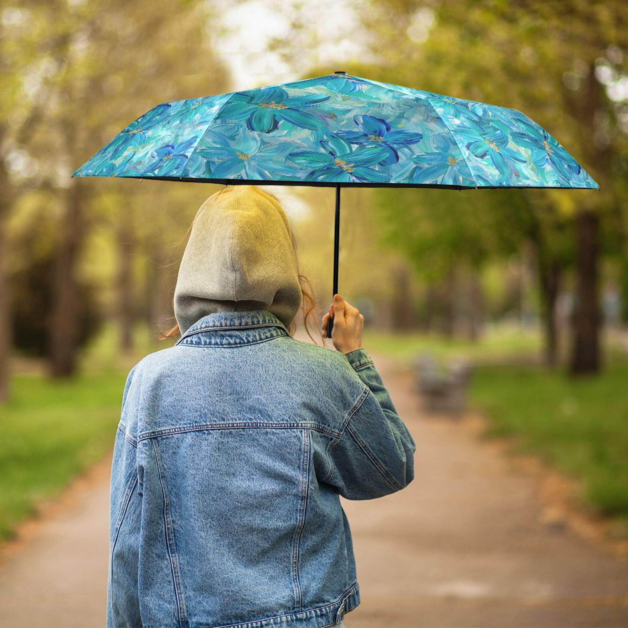 Turquoise and Blue Flowers Compact Sun Umbrella Windproof Travel Umbrellas for Rain Strong Portable UV Protection