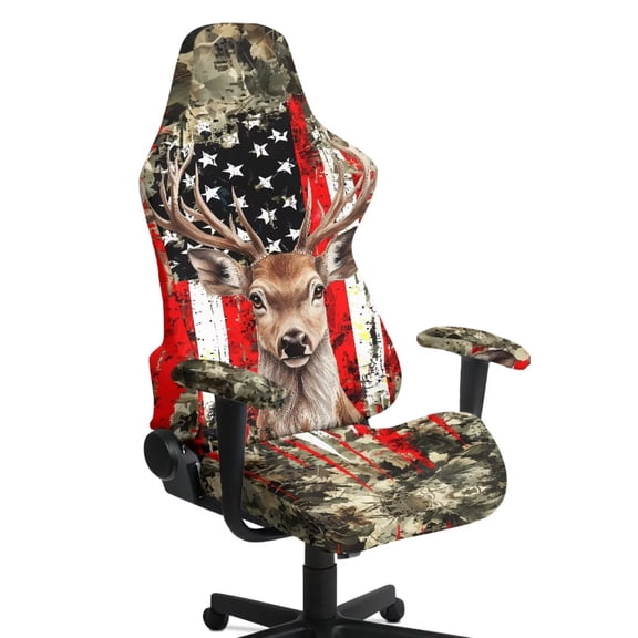 SCRAWLGOD Vintage American Flag Deer Print Print Gaming Chair Cover with Armrest Cover, Wear Resistant Computer Chair Slipcovers with Elastic Bottom Dustproof Chair Seat Protector for Rotating Chair