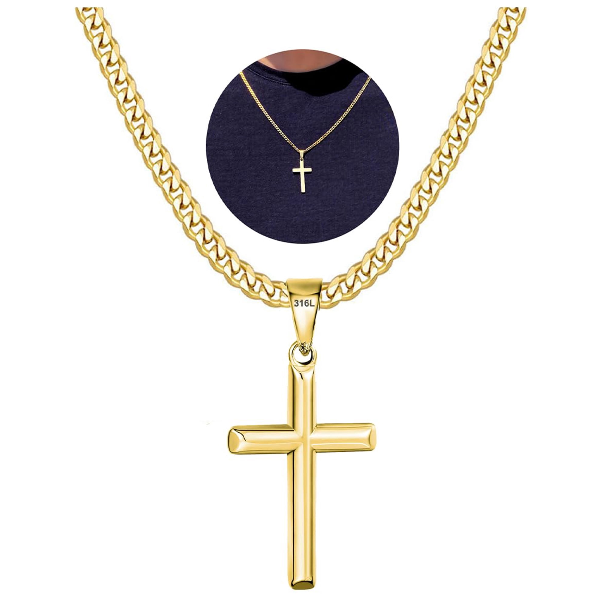 DORANA Gold Plated Cross Necklaces for Men Boys Stainless Steel Pendant Chain Catholic Religious Christian Birthday First Communion Confirmation Fathers Day Jewelry Gifts Teen Him Dad Kids Age Ideas