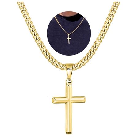 DORANA Gold Plated Cross Necklaces for Men Boys Stainless Steel Pendant Chain Catholic Religious Christian Birthday First Communion Confirmation Fathers Day Jewelry Gifts Teen Him Dad Kids Age Ideas