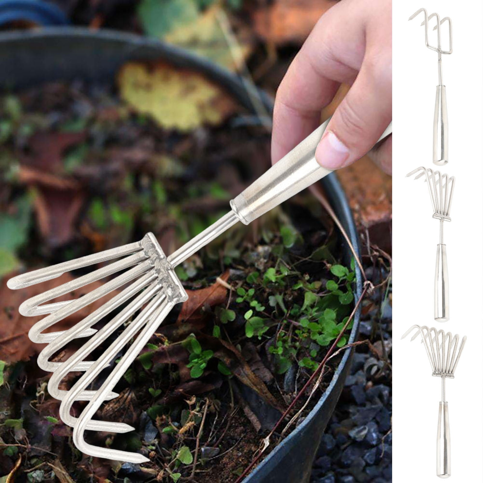 Stainless Steel Hand Rake - 7-Claw Heavy Duty Garden Cultivator with Ergonomic Handle, Soil Tiller and Weeding Tool for Gardening, Cultivating, Loosening Soil and Spreading Mulch