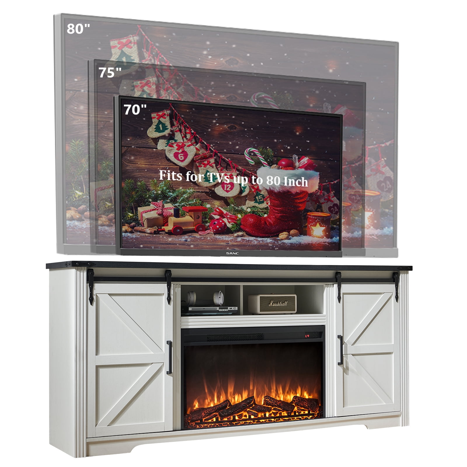 T4TREAM Farmhouse TV Stand for TVs up to 80", Entertainment Center with 30" Electric Fireplace and Sliding Barn Door&4 Drawers Storage Inside, Off White