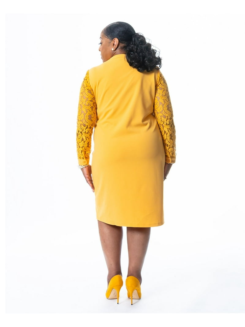 KASPER DRESS Womens Gold Sheer Lined Pullover Long Sleeve Split Knee Length  Wear To Work Shift Dress S - Walmart.com