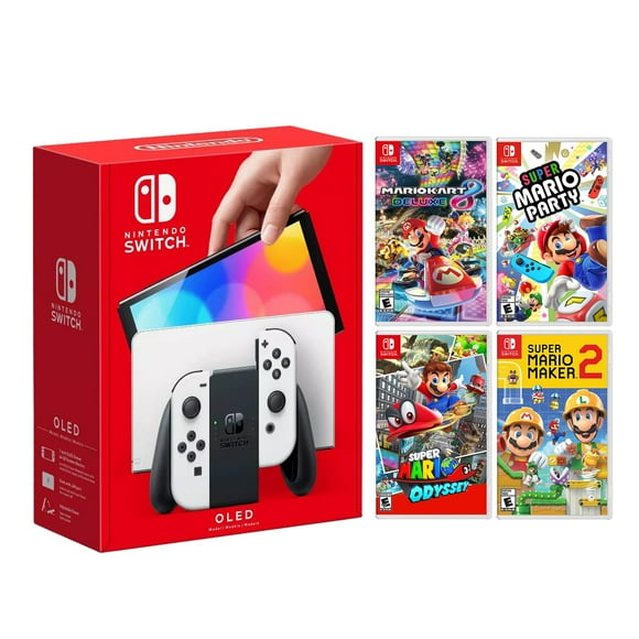 2021 New Nintendo Switch OLED Model White Joy Con 64GB Console HD Screen & LAN-Port Dock Super Mario Top 4 Selections Bundle with Mytrix Screen Protector and Joy Con Caps - Best Holiday Gift