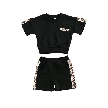 

Bmnmsl Kid Sets Casual Leopard Stitching Short Sleeve Tops Shorts Set
