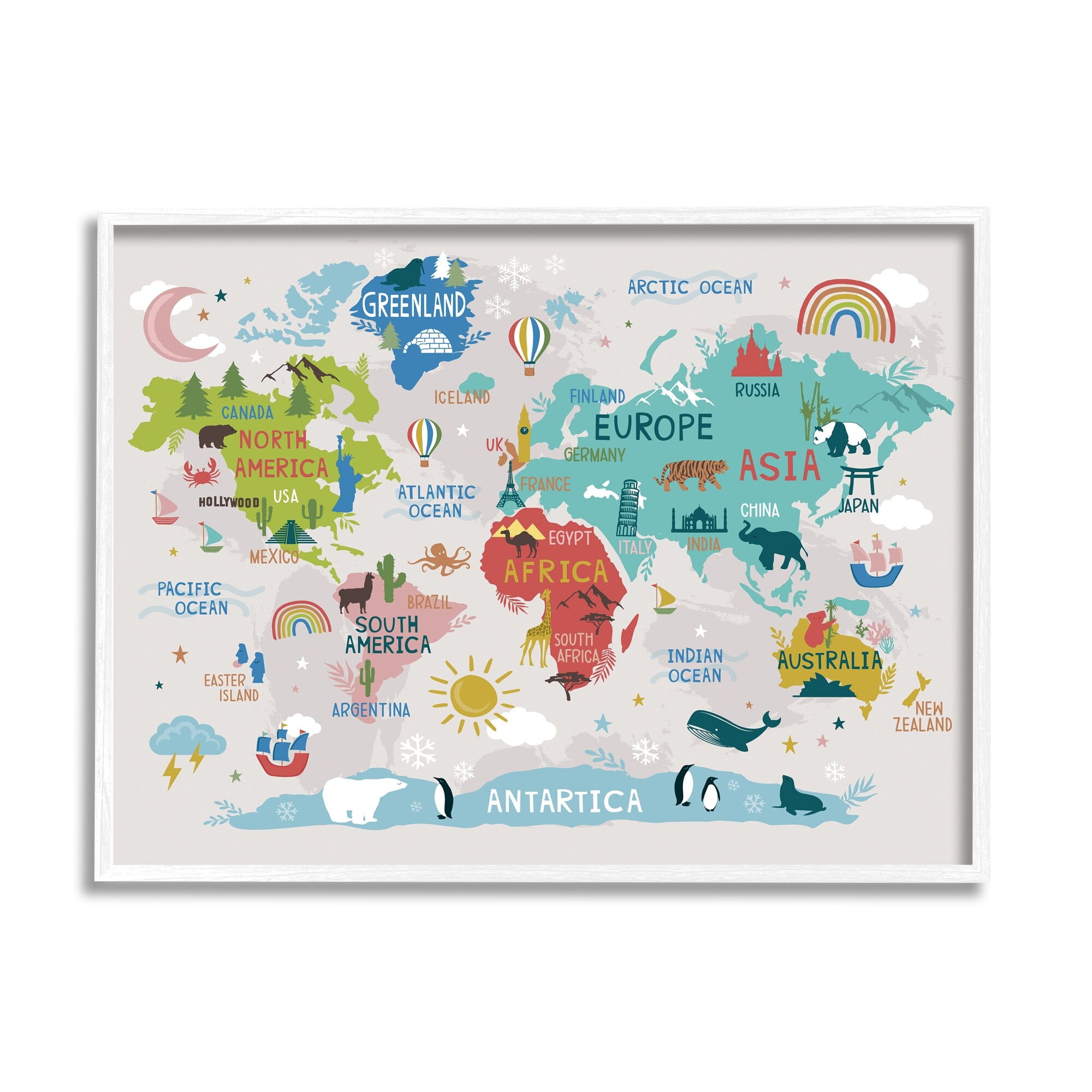 Stupell Industries Landmarks & Wildlife Illustration World Map Diagram Chart Framed Wall Art, 14 x 11, Design by Lisa Perry Whitebutton
