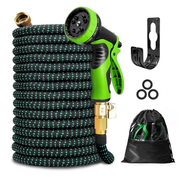 Kotto 150 ft Flexible Garden Hose, Water Hose for Outside with 10 Spray Nozzles, Brass Connector, Leak-Proof, Green