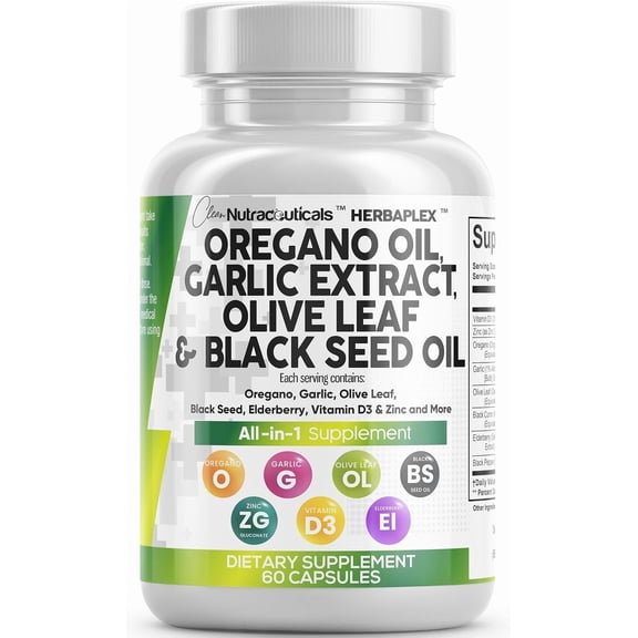 Clean Nutra Oregano Oil with Black Seed Oil Garlic Olive Leaf Extract - Oil of Oregano Capsules Immune Support Carvacrol & Thymoquinone Supplement for Women and Men   Elderberry Vitamin D3 & Zinc