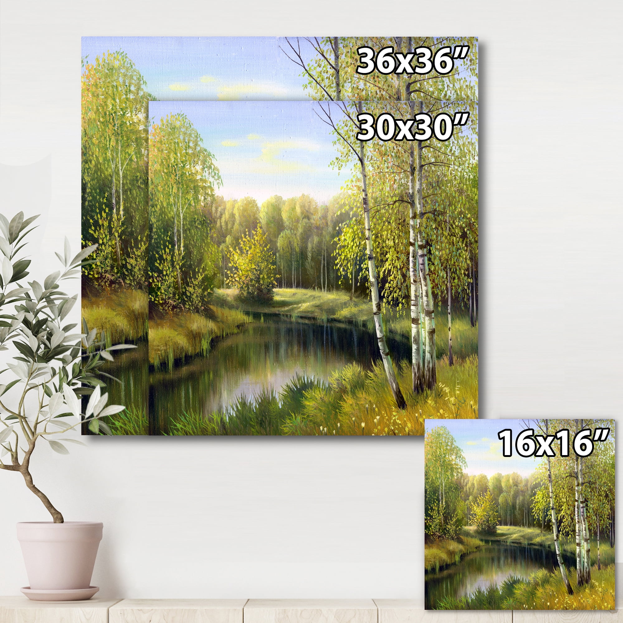 Designart ' The River In Silent Green Nature Through Birches ' Traditional Canvas Wall Art Print