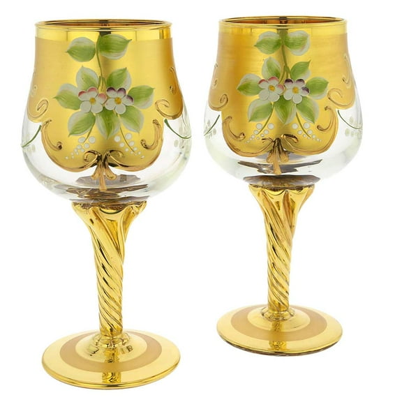 GlassOfVenice Set of Two Murano Glass Wine Glasses 24K Gold Leaf - Transparent