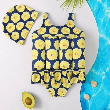 

Esho Little Boys Girls One Piece Rashguard Float Suit With Swim Cap Kids Floral Cartoon Zip up Buoyancy Swimsuit + Hat 2 Pieces 2-6 Years