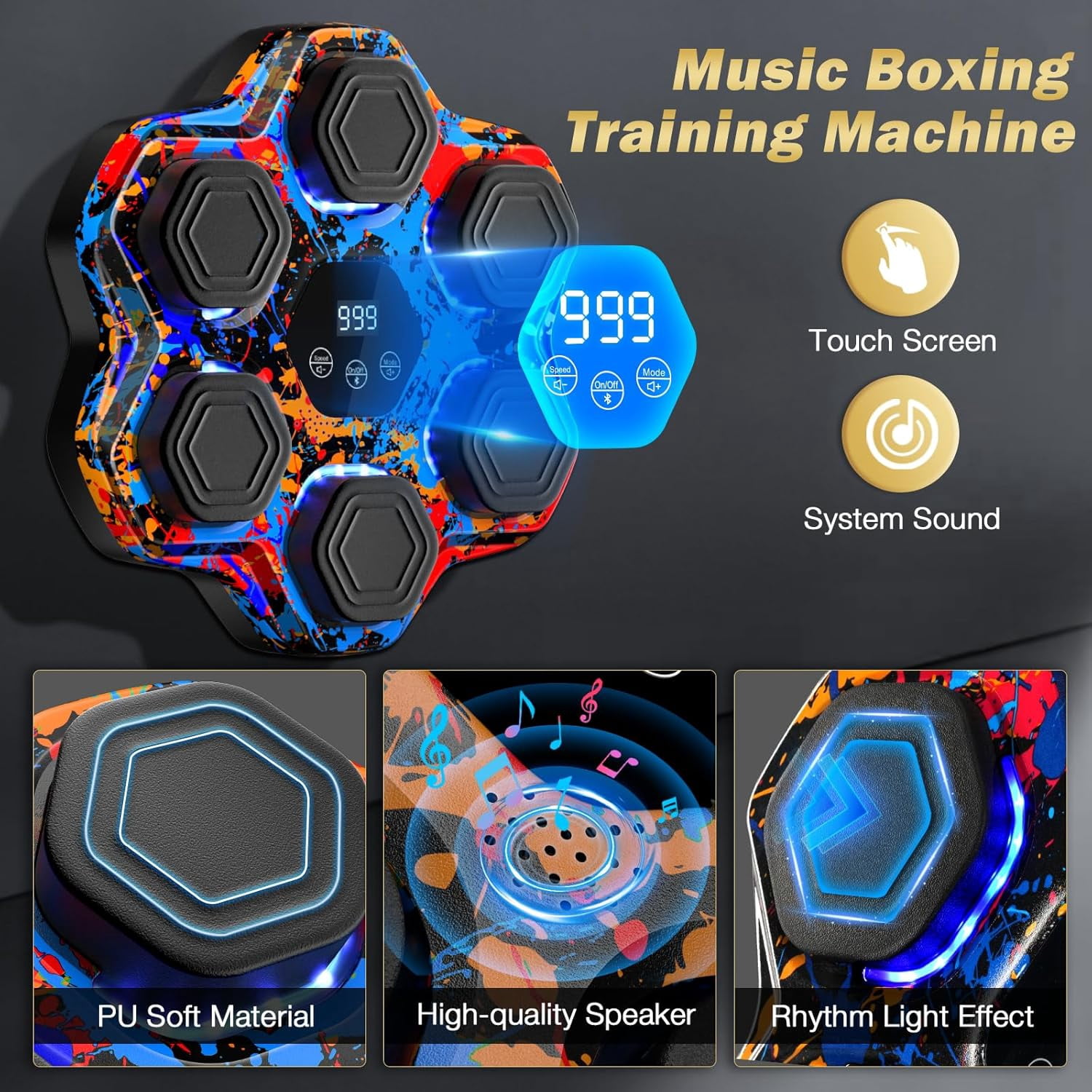 Music Boxing Machine - Interactive Punching Trainer with Boxing Gloves, Large Wall-Mounted Electronic Punching Bag for Adults and Kids, Featuring 9 Modes & 9 Speeds, Bluetooth Connectivity
