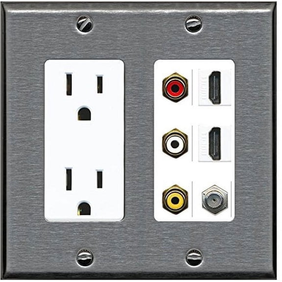 RiteAV - (2 Gang Decorative 15A Outlet 2 HDMI Coax Composite Wall Plate Stainless Steel
