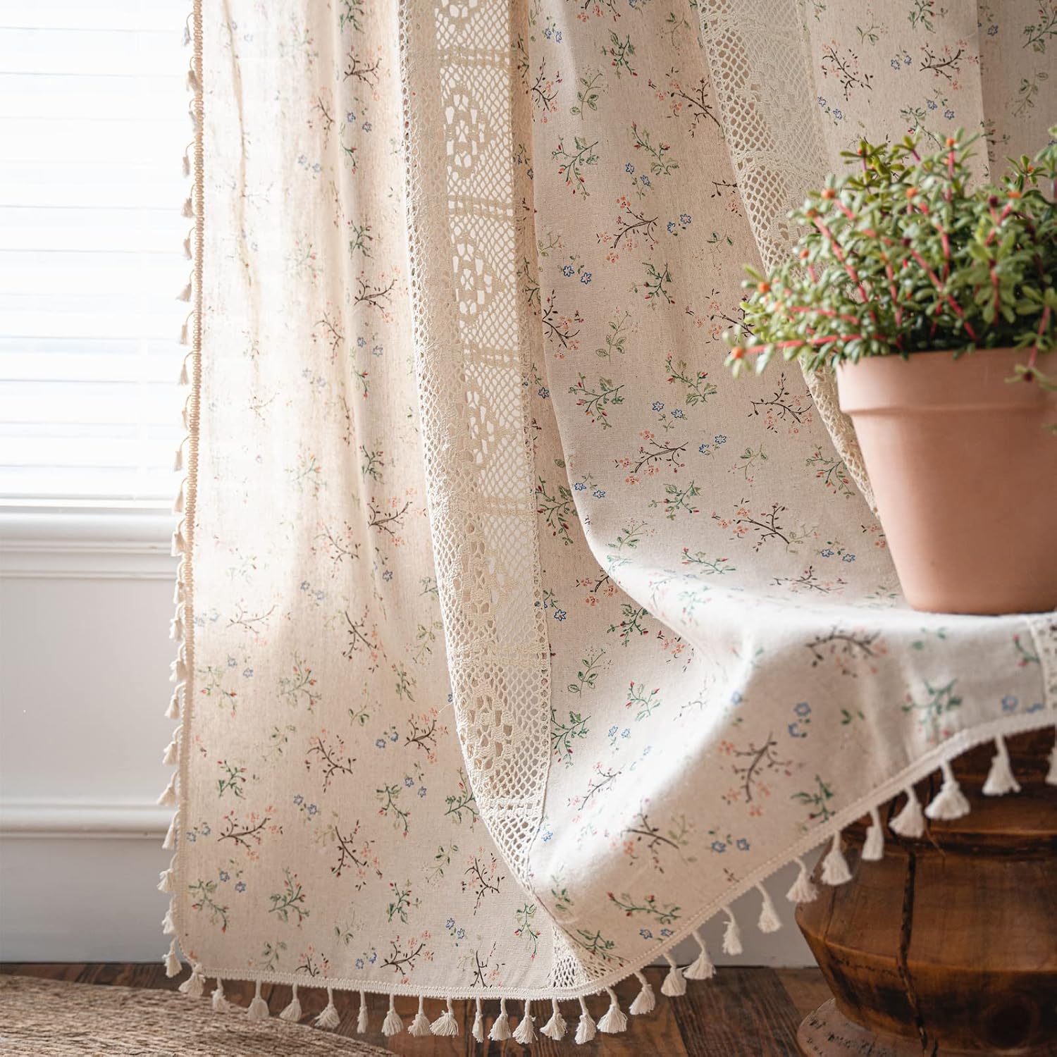 Vireellx Boho Curtains for Bedroom Living Room, Lace Hollow Crochet Stripes Blue Florals Print Cotton Linen Patchwork, Bohemian Green Tassel Semi-Blackout Window Farmhouse Drape
