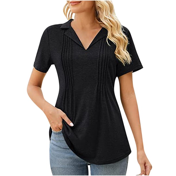 Fiudx Liquidación de Ofertas Flash Moda Mujer Sólido Cuello En V Sling Tops Casual Fold Blusa de Manga Corta Camiseta