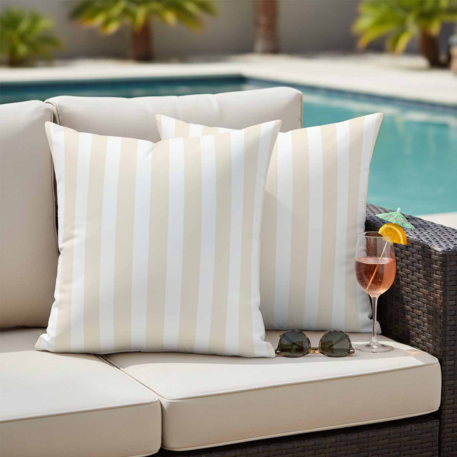 Cream and Outdoor Pillow Covers 18"x18" Set of 2, White Striped Geometric Waterproof Throw Pillow Covers for Patio Furniture, Decorative Cushion Covers for Porch
